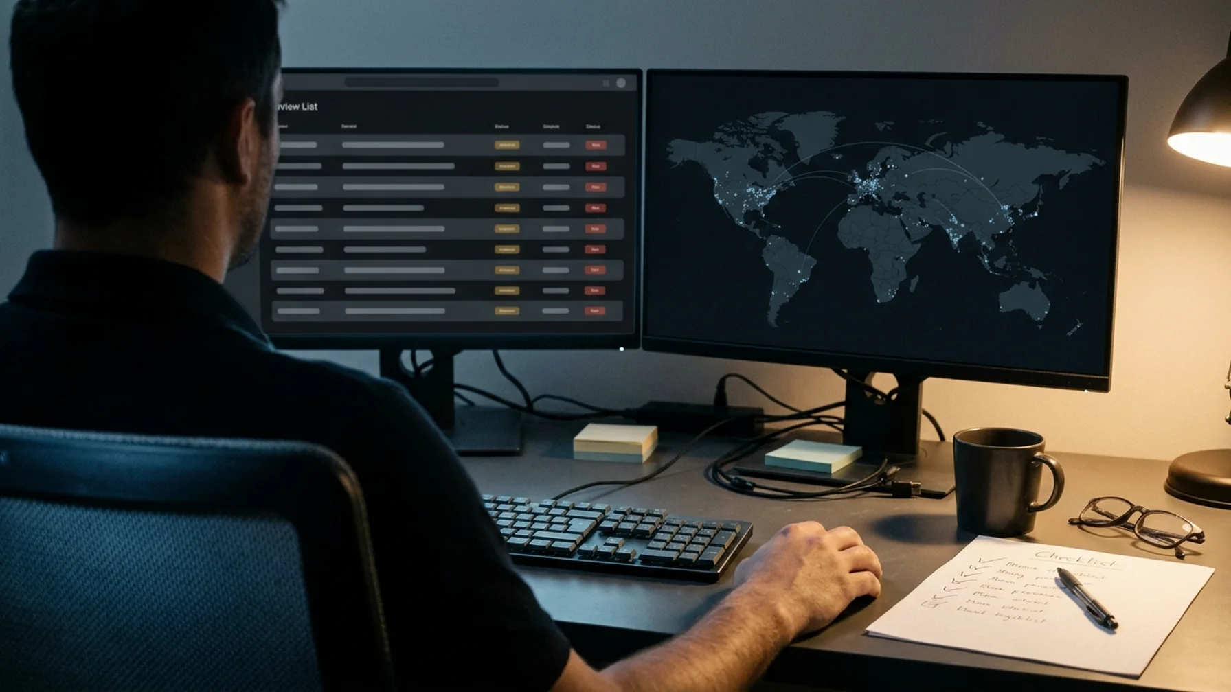 A risk analyst reviewing order screening rules on two monitors in a dim office