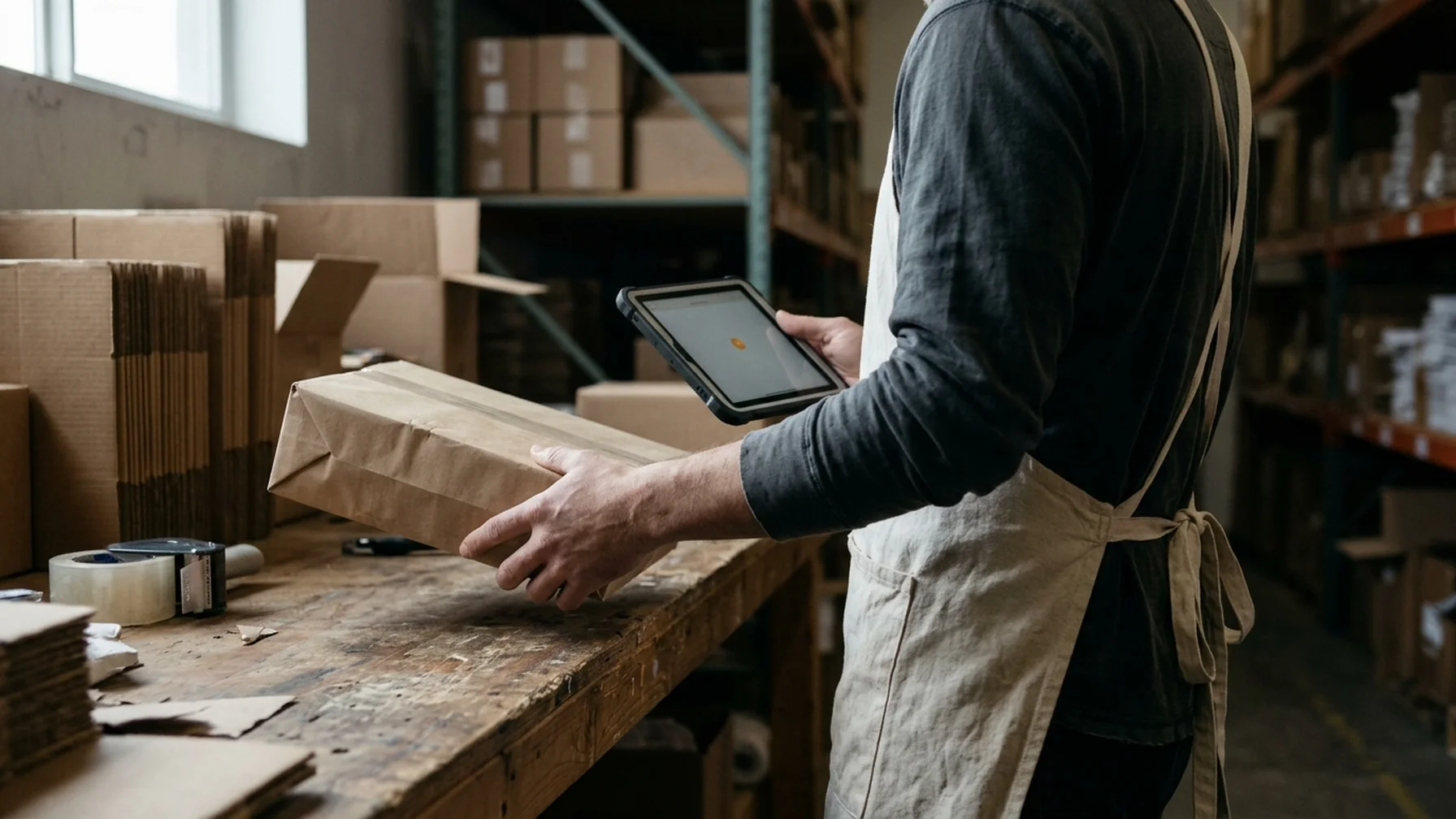 A fulfillment worker holding a parcel at a packing bench while checking an alert on a tablet