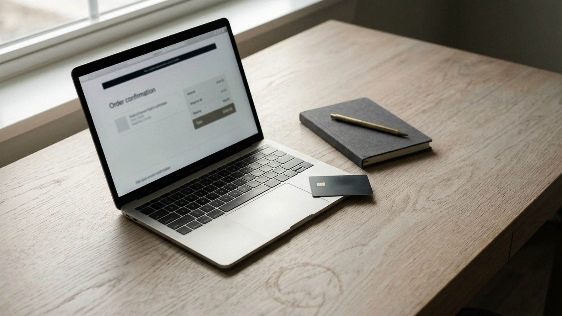 Close-up of a laptop on a wooden desk showing an order confirmation email with a merchant name and billing amount, a card and notebook beside it in soft window light.