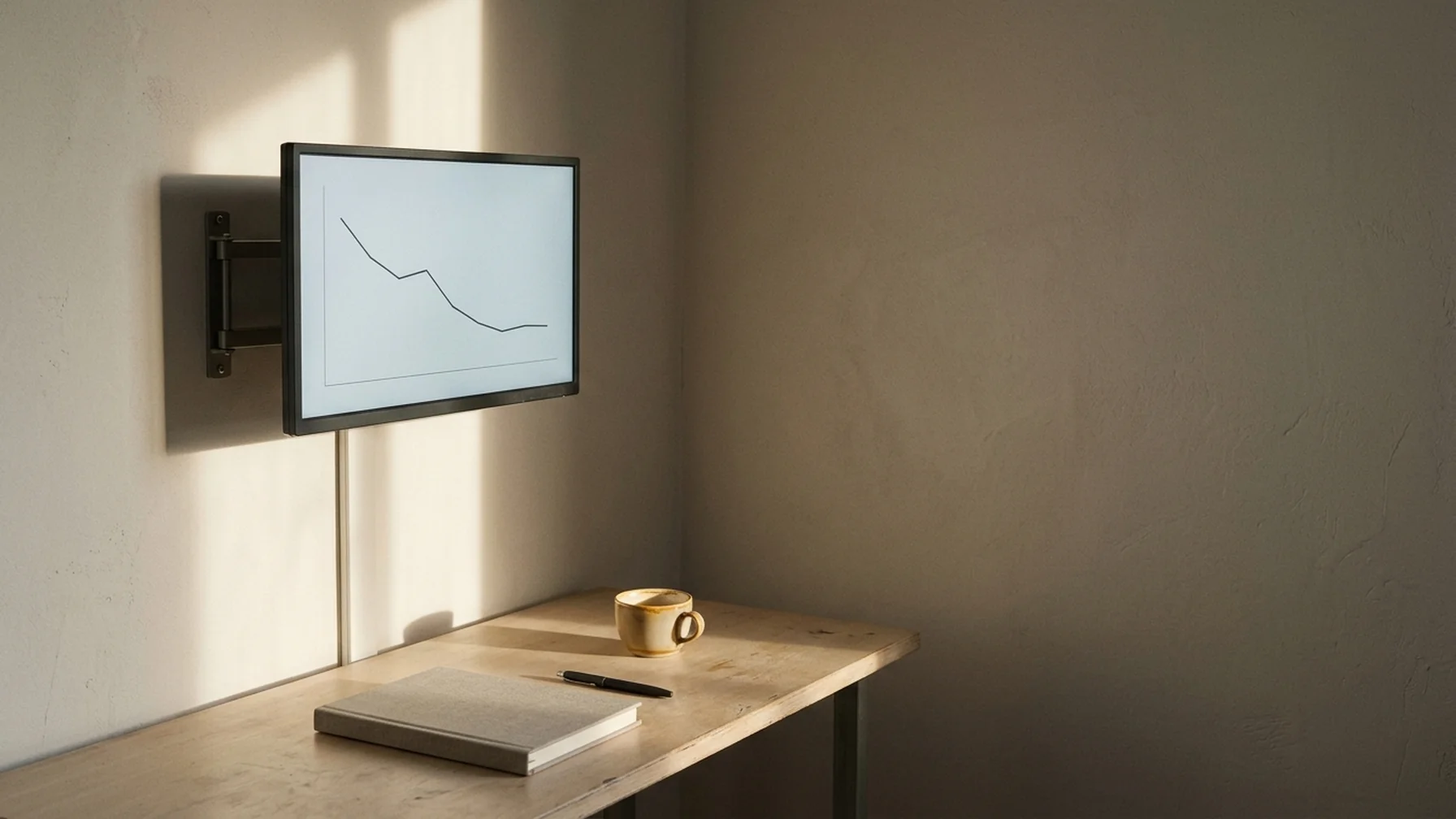 A wall-mounted screen in a small office showing a simple line chart of order volume, with a notebook and coffee cup on the desk below.