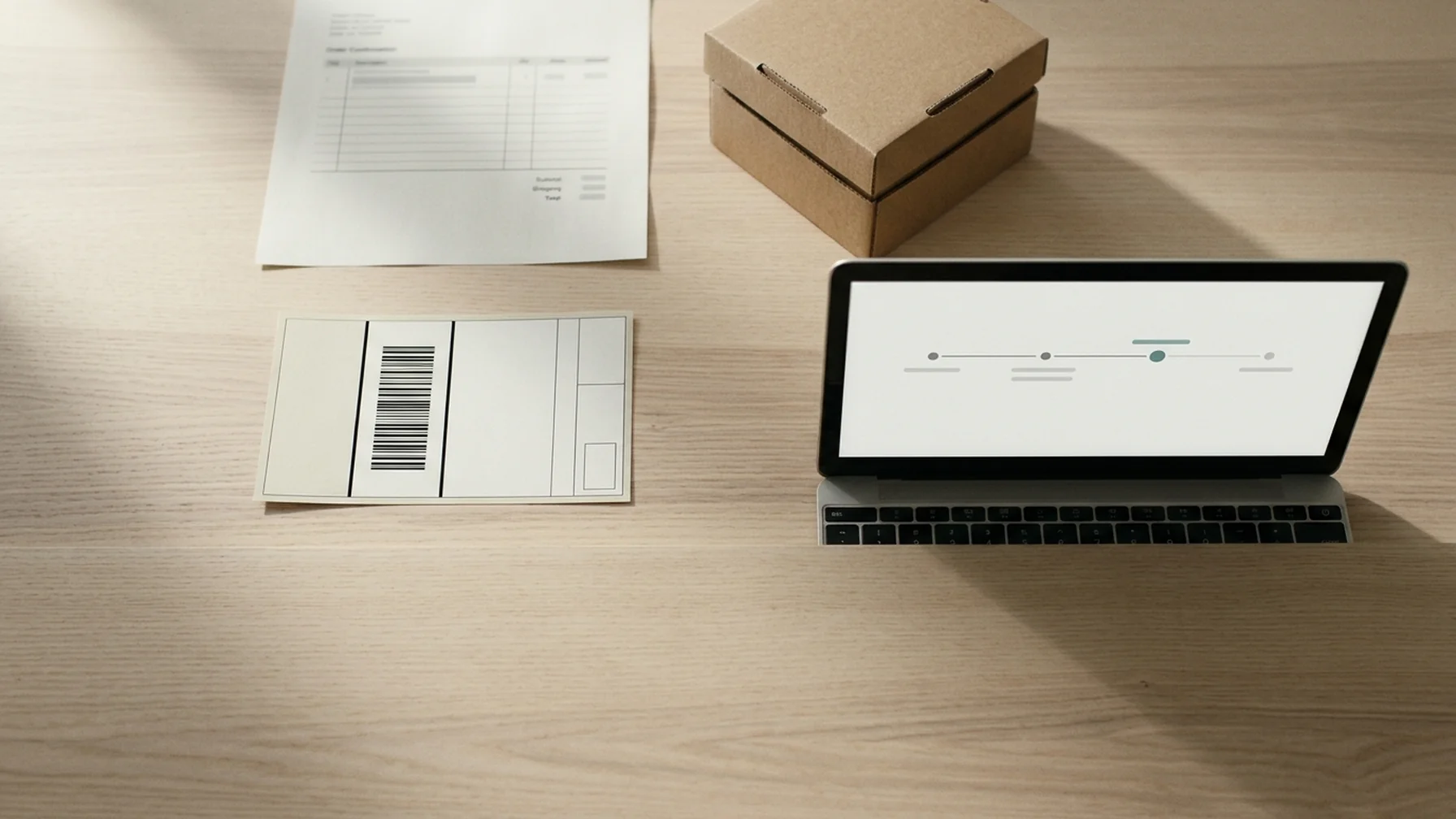 A merchant's desk with a printed order confirmation, a shipping label and a laptop showing a delivery tracking page