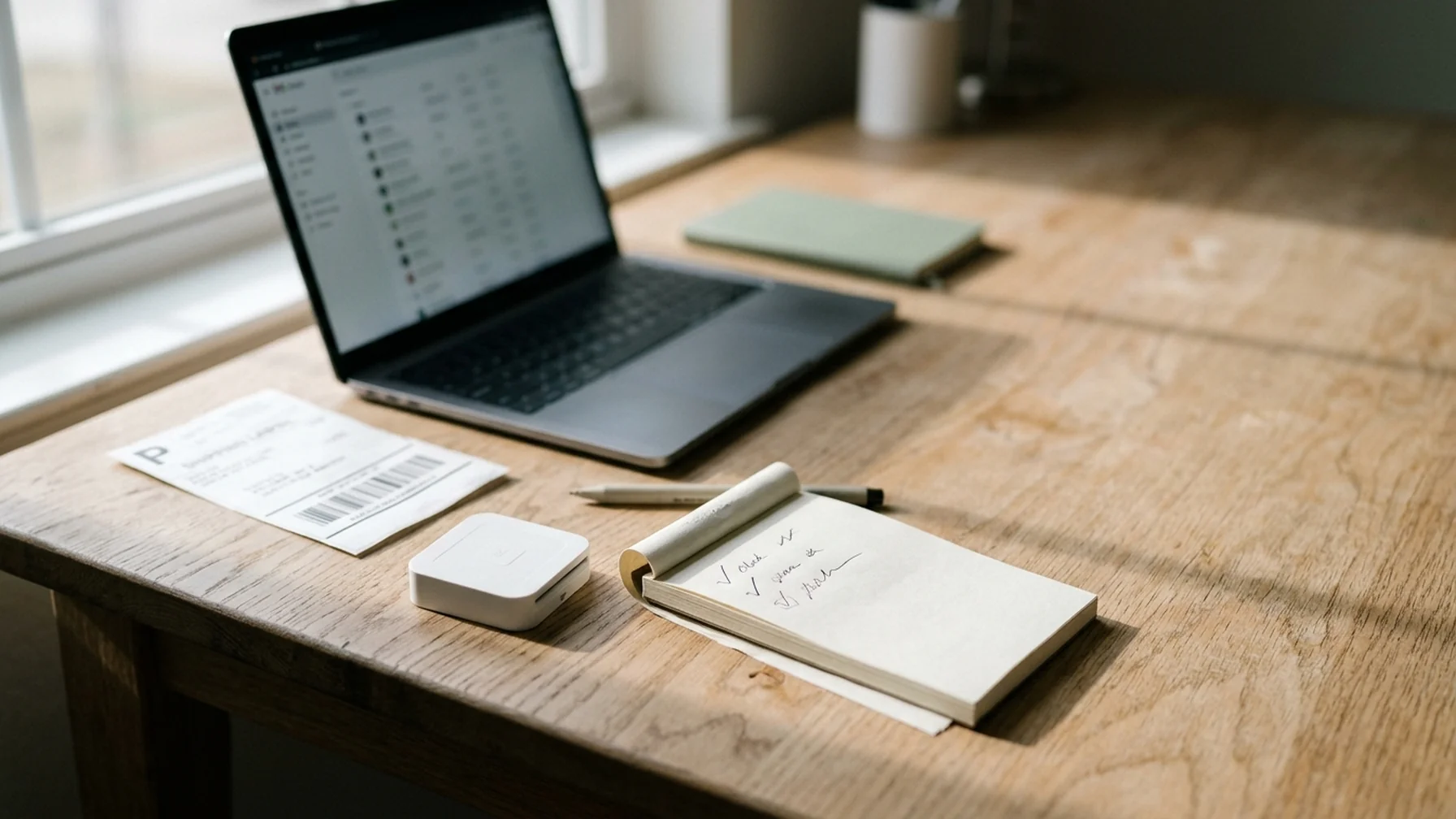 A merchant's desk with a laptop showing an order review queue, a printed shipping label, and a card reader at the edge of the frame, lit by window light.