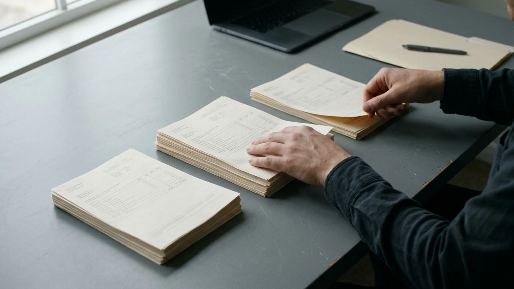 A person assembling dispute evidence at a desk, with printed order records sorted into stacks beside a laptop.